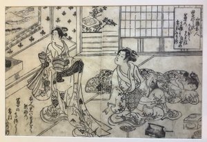 Paródia da neve no monte Fuji na mudança sazonal de vestuário, ilustração de página dupla de Cem poemas, um poeta cada de Okumura Masanobu