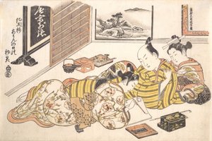 Prato do livro erótico Montes de cores tingidas: um livro de padrões para o Boudoir S..., ca. 1736-44. de Okumura Masanobu
