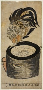 Galo empoleirado na argamassa de Okumura Masanobu