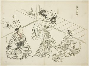 Dança de Sanbaso num bordel (Ageya sanbaso), n.º 1 de uma série de 12 gravuras que representam paródias de peças de teatro de Okumura Masanobu