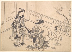 O ator Ichimura Takenojo reclinado numa varanda de Okumura Masanobu