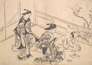 O ator Ichimura Takenojo reclinado em uma varanda, ca. 1715., c. 1715. de Okumura Masanobu