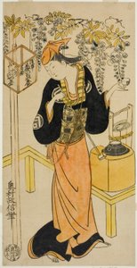 O ator Sanogawa Mangiku I como Ohatsu na peça "Sogazaki Shinju", apresentada no Teatro Nakamura no quarto mês de 1719 de Okumura Masanobu