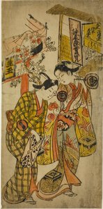 Os atores Sanjo Kantaro II como Osome e Ichikawa Monnosuke como Hisamatsu na peça "Osome Hisamatsu Tamoto no Shiro Shibori", apresentada no teatro Morita, 1720 de Okumura Masanobu