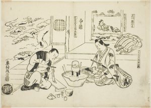 A Flauta de Bambu e a Árvore em Vaso (Shakuhachi hachi-no-ki), nº. 12 de uma série de 12 gravuras que retratam paródias de peças de Okumura Masanobu