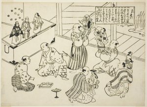 O camarim de um teatro de marionetes, o índice da série "Cenas famosas de peças de marionetes japonesas (Yamato irotake)" de Okumura Masanobu