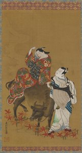 Dois atores kabuki nos papéis de uma cortesã em um búfalo e um padre viajante, 1686-1764. de Okumura Masanobu