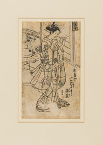 Gravura em xilogravura - Onoe Kikingoro I como uma mulher lendo um livro, século XVIII de Okumura Masanobu