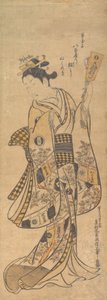 Yaoya O Shichi em pé, segurando uma carta de amor e um Battledore, ca. 1748., c. 1748. de Okumura Masanobu