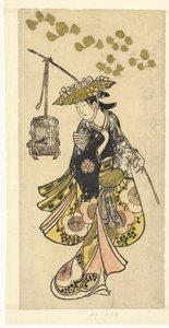 Mulher jovem com gaiola de pássaros de Okumura Toshinobu (attributed to)