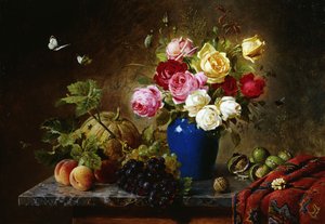 Rosas em um vaso, pêssegos, nozes e um melão em uma borda marmorizada, 1891 de Olaf August Hermansen