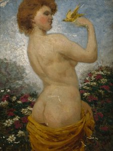 Mulher Nua com um Pássaro no Verde