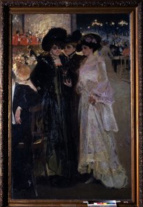 Café em Paris (França). (Café em Paris). Cena noturna, três mulheres conversam no meio de uma multidão à mesa, ao longe, uma orquestra e os postes da cidade. Pintura de Alexander Alexandrovich Murashko (Alexander Murashko) (1875-1919), óleo sobre tela de Oleksandr Murashko
