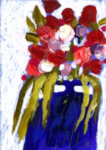 Flores coloridas num vaso azul de Olga Skomorokhova