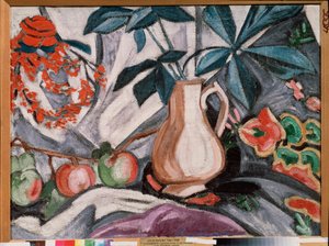 Natureza morta com vaso e maçãs - Natureza morta com jarro e maçãs - Pintura de Olga Vladimirovna Rozanova (1886-1918), óleo sobre tela - arte russa, final do século XIX e início do século XX, vanguarda - Museu Estatal Russo, São Petersburgo
