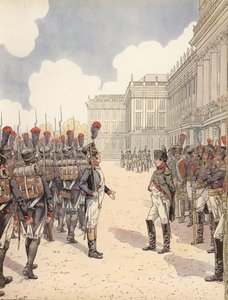 Napoleão sendo abordado por um tenente nervoso durante um desfile em Schoenbrunn de Onfray de Breville Job
