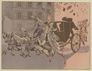 Napoleão tem uma fuga milagrosa da explosão de uma bomba, a máquina infernal, na Rue Saint-Nicaise, Paris, 24 de dezembro de 1800.