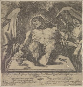 Lamentação sobre o corpo de Cristo pelas três Marias, um pote de pomada sobre a mesa para ..., 1615. de Orazio Borgianni