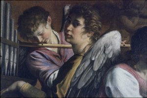 A circuncisão. Detalhe: Artemisia Gentileschi como Santa Cecília, c. 1620. de Orazio Gentileschi