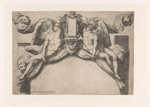 Desenho para uma moldura de porta com dois génios que seguram o cartucho de Orazio de Santis (attributed to)