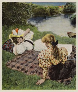 Duas jovens mulheres relaxando na margem de um rio discutindo estar apaixonadas (cor litho) de Oscar Bluhm