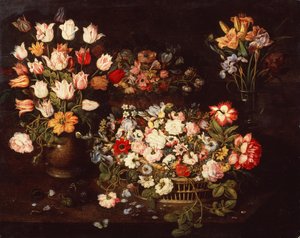 Quatro Vasos com uma selecção de Flores (óleo em painel) de Osias the Elder Beert