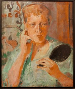 Retrato Margarethe com espelho de mão preto de Oskar Moll