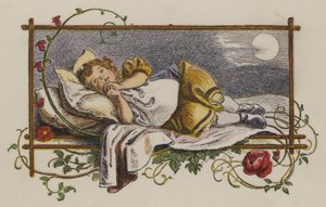 Menina dormindo na sua cama à noite (cor litho)