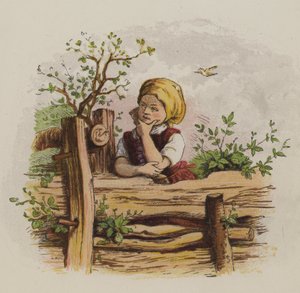 Rapariga cheia de energia encostada a uma cerca (cor litho) de Oskar Pletsch