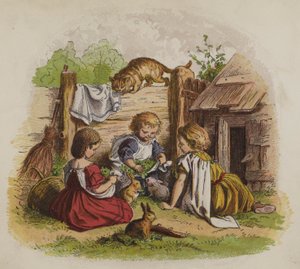 Três meninas brincando com seus coelhos de estimação, vigiadas por um gato (cor litho) de Oskar Pletsch