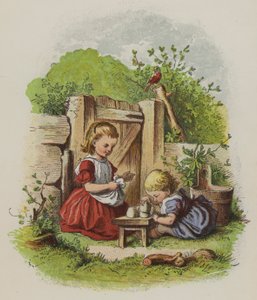 Duas meninas brincando em um jardim (cor litho) de Oskar Pletsch
