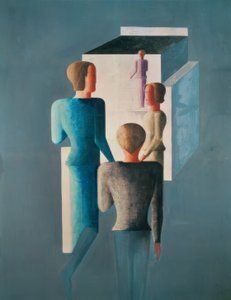 Quatro figuras e cubo de Oskar Schlemmer