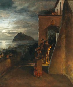 Serenata nocturna em Ischia, com o Castello Aragonese em fundo de Oswald Achenbach