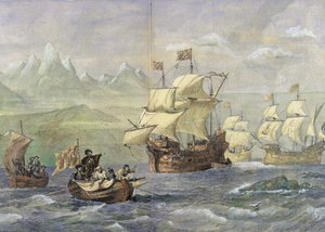 A Descoberta do Estreito de Magalhães (gravura colorida)