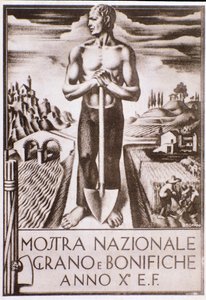 Cartaz de propaganda fascista para a campanha de melhoramento de grãos e terras de Oswaldo (after) Tofani