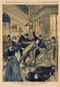 Uma bomba no Café Terminus, a prisão do assassino, ilustração de &39;Le Petit Journal&39;, 26 de fevereiro de 1894 de Oswaldo Tofani