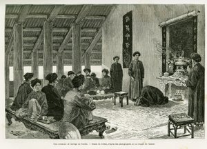 Uma cerimónia de casamento em Tonkin. Gravado por Tofani, para ilustrar a história Trente mois au Tonkin, em 1884, pelo Dr. Paul Hocquard, em le tour du monde 1890, sob a direção de Edouard Charton (1807-1890), Hachette, Paris. de Oswaldo Tofani