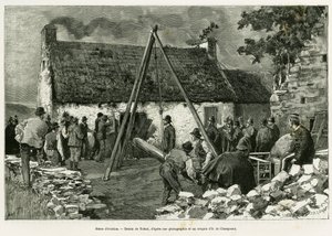 Cena de despejo. Gravado por Tofani, para ilustrar a história Trois mois en Irlande, em 1889, por Marie Anne de Bovet, no tour du monde 1890, dirigido por Edouard Charton (1807-1890), Hachette, Paris. de Oswaldo Tofani