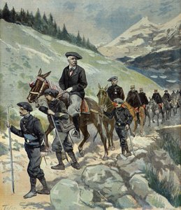 Felix Faure com caçadores alpinos numa viagem aos Alpes em 1897 (Gravura)