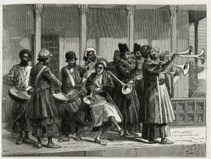 Músicos saudando o nascer do sol em Isfahan (ou Isfahan, cidade iraniana). Gravado por Tofani, para ilustrar a história "Persia, Chaldee e Susiane". de Oswaldo Tofani