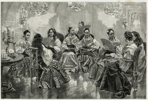 Feira comercial chinesa de Narcisso, Daraga, Filipinas. Gravura de Tofani, para ilustrar a história "Journey to the Philippines". de Oswaldo Tofani