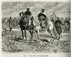 Os Spahis da escolta da expedição. Gravado por Tofani, para ilustrar a história da Exploração em Haut Niger, pelo Comandante Gallieni, da Infantaria Marinha, em 1880-1881, publicado no Tour du monde, sob a direcção de Edouard Charton (1807-1890) de Oswaldo Tofani