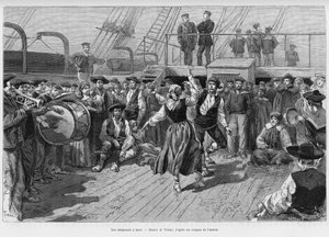 Os emigrantes a bordo. Gravado por Tofani para ilustrar a história Voyage a la Plata, três meses de férias de Emile Blaireaux em 1886, no tour du monde 1887, sob a direção de Edouard Charton (1807-1890), Hachette, Paris. de Oswaldo Tofani