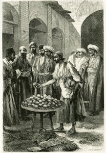 O comerciante de pesca em Kachan (ou Kashan, na província de Teerão, atual Irã). Gravura de Tofani, a partir de uma fotografia, para ilustrar a história "Persia, Chaldee e Susiane" em 1881-1882, de Jane Dieulafoy (nee Magre
