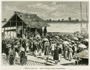O teatro ao vento. Gravado por Tofani, após uma fotografia, para ilustrar a história Trente mois au Tonkin, em 1884, pelo Dr. Paul Hocquard, em le tour du monde 1890, sob a direção de Edouard Charton (1807-1890), Hachette, Paris. de Oswaldo Tofani