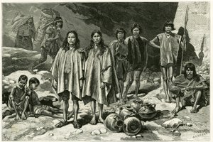 Tipos de índios dos Cordilheiras do Equador, à esquerda, ao fundo, Yumbos de Nanegal, em primeiro plano Lojanos, no meio um casal de Zaparos, à direita, guerreiros Jivaros. Gravura de Tofani, com base em documentos, para ilustrar a história de Oswaldo Tofani