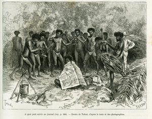 Para que pode ser usado um jornal Gravado por Tofani, para ilustrar a história Chez les cannibales, Voyage dans le nord-est de l