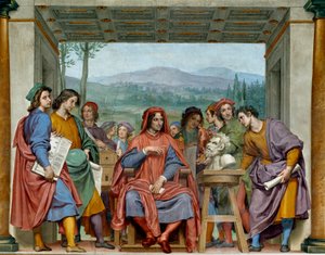 Laurent de Medici (1449-1492) (Laurent o Magnífico: Lorenzo il Magnifico) sentado no meio de artistas florentinos Ele admira um chefe de fauna de Michelangelo (Michelangelo, Michel Ange). Fresco por Ottavio Vannini (1585-1643). 1635 aproximadamente Sala