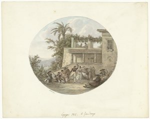 Dançarinos em um terraço em frente a uma pousada le fandango (título no objeto) de Otto Baron Howen