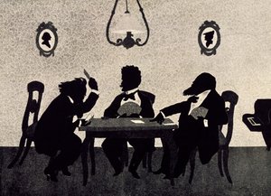 Jogo de cartas entre Johannes Brahms (1833-1897), Richard Strauss (1864-1949) e Hans Richter (1843-1916), silhueta negra de Otto Bohler (1847-1913) de Otto Bohler